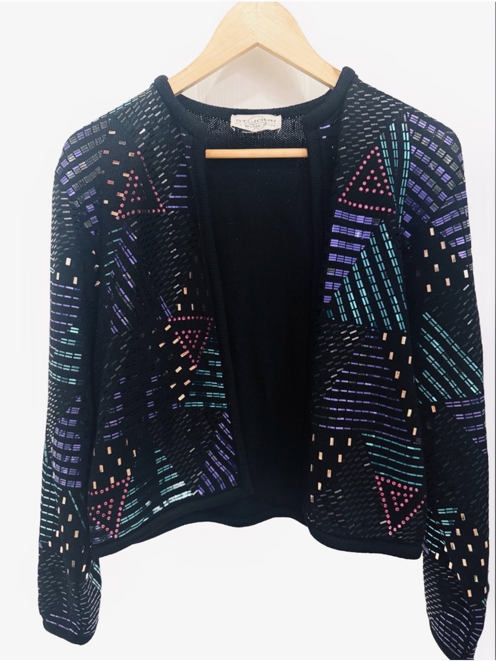 St. John Marie Gray Geometric Appliqué Embellished Knit Sweater Black Multi